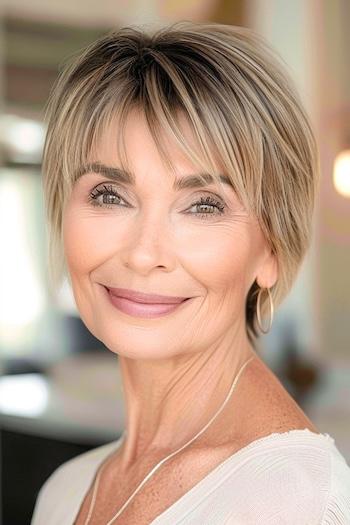 Wispy Layered Pixie Hairstyle on a smiling woman with light brown highlighted hair.