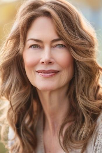 Wispy Layered Waves Hairstyle on a smiling older woman with light brown hair.