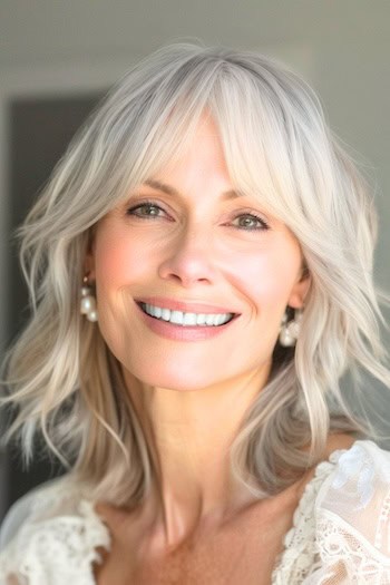 Wispy Layers With Curtain Bangs Hairstyle on smiling older woman with silver hair.