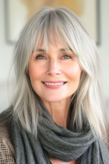 Wispy Silver Lob With Bangs Hairstyle on smiling older woman with gray hair.