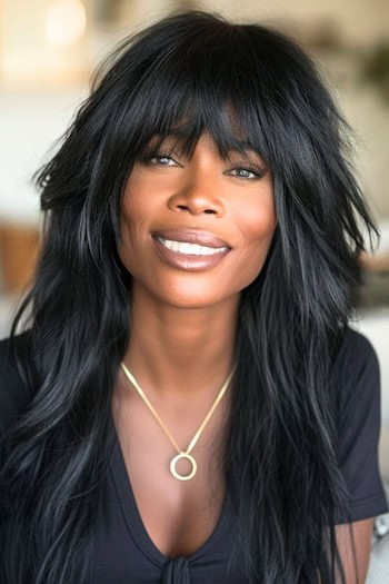 Wispy Straight Shag With Layers Hairstyle on smiling black woman with long black hair.