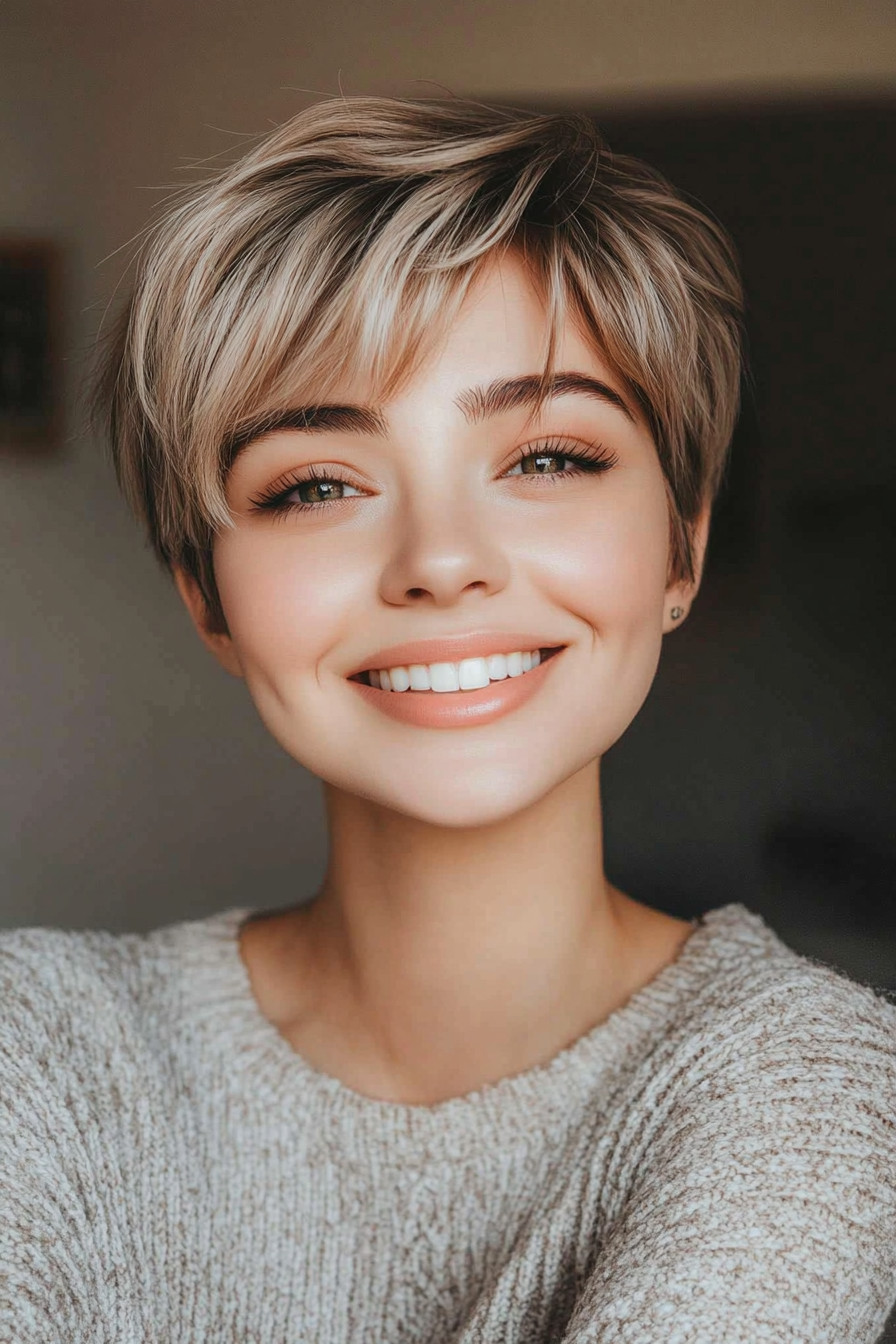 1. Textured Pixie with Platinum Highlights (Short Hairstyles For Round Faces) - Short Hairstyles For Round Faces