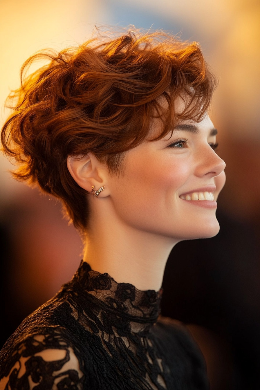 11. Curly Pixie Cut with Auburn Highlights (Short Hairstyles For Thick Hair) - Short Hairstyles For Thick Hair