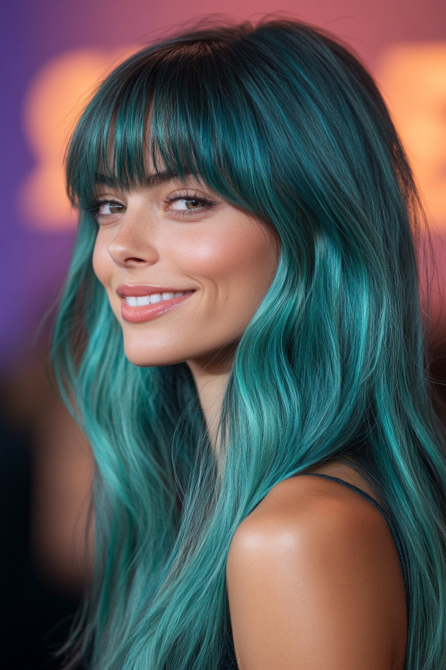 11. Mermaid Teal with Soft Layering (Long Layered Hair With Bangs) - Long Layered Hair With Bangs