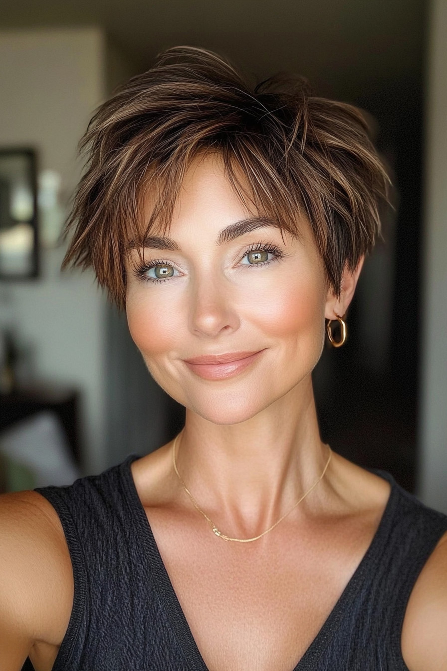 11. Shaggy Pixie with Chocolate Brown (Pixie Hairstyles For Women Over 40) - Pixie Hairstyles For Women Over 40