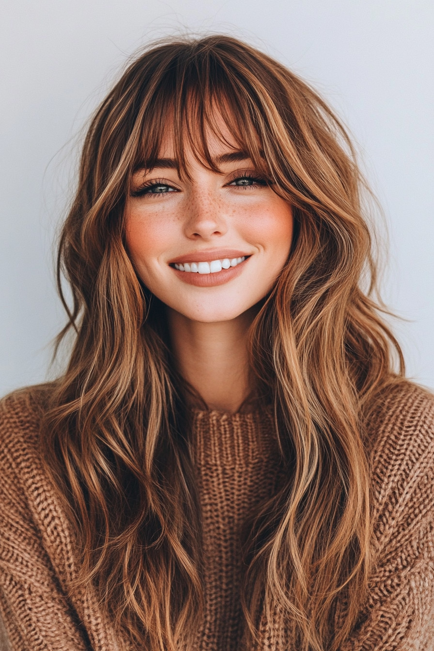 12. Bronze Glow with Layered Curtain Bangs (Long Layered Hair With Bangs) - Long Layered Hair With Bangs