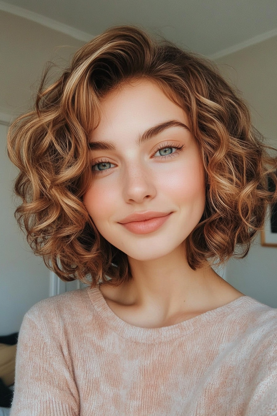 12. Curly Bob with Honey Blonde Highlights (Short Hairstyles For Thin Hair) - Short Hairstyles For Thin Hair