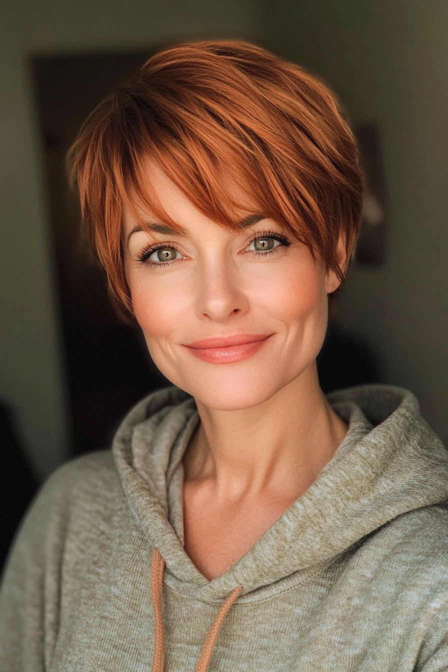 12. Pixie with Side-Swept Bangs and Copper Highlights (Pixie Hairstyles For Women Over 40) - Pixie Hairstyles For Women Over 40