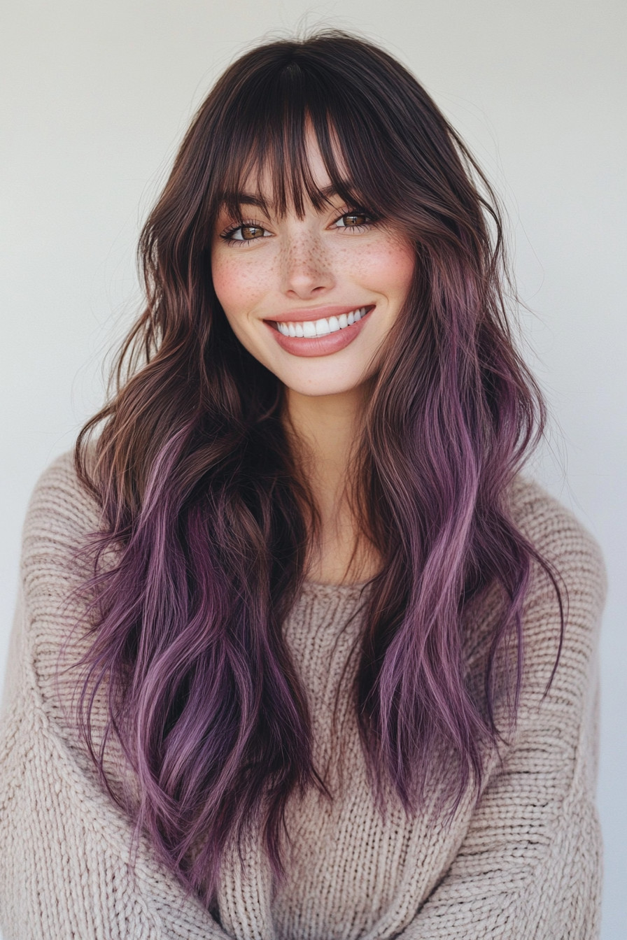 13. Grape Ombre with Tousled Layers (Long Layered Hair With Bangs) - Long Layered Hair With Bangs