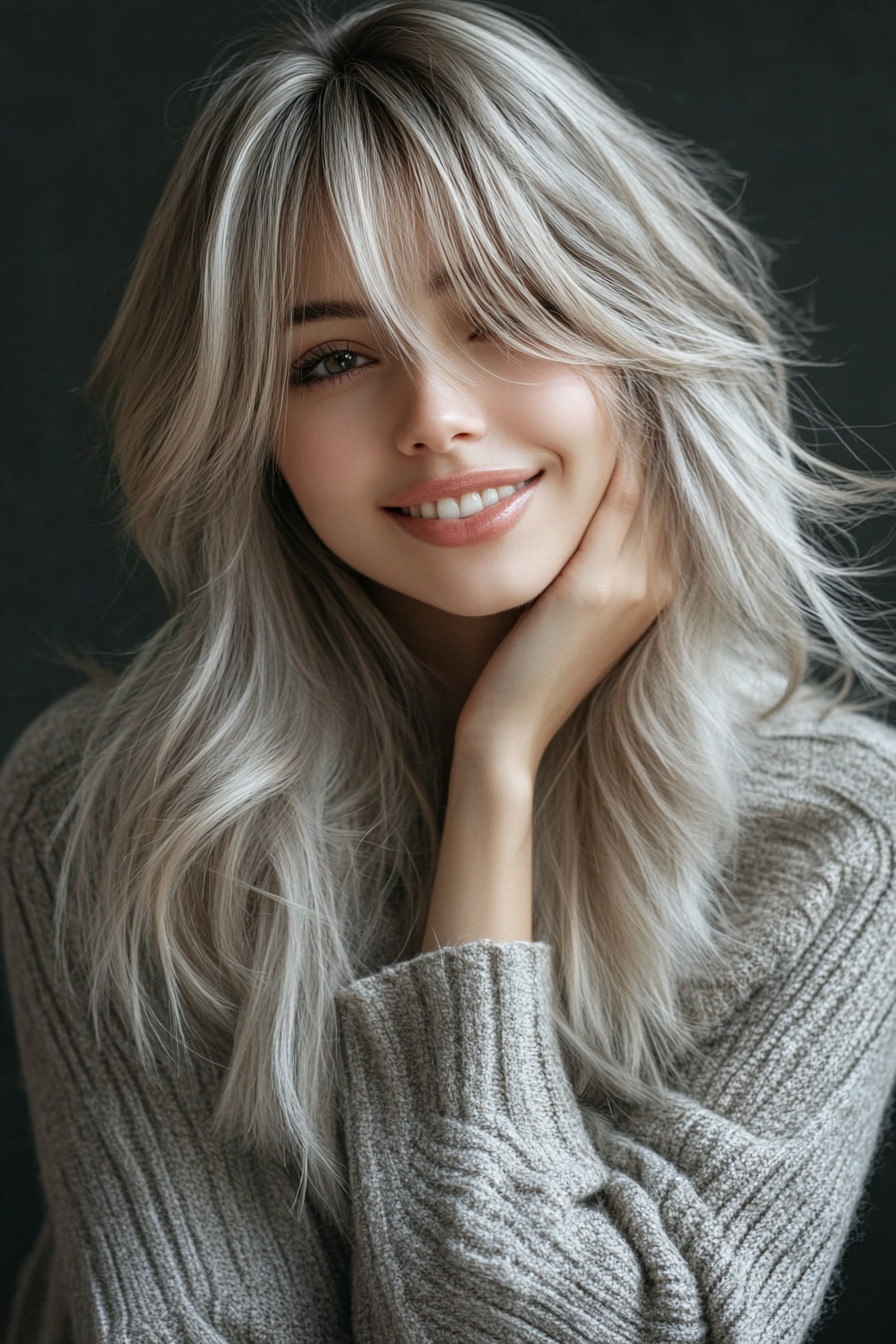 14. Ash Blonde Layers with Swoop Bangs (Long Layered Hair With Bangs) - Long Layered Hair With Bangs