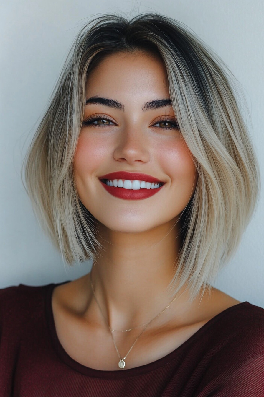 14. Blunt Bob with Dark Roots and Blonde Tips (Short Hairstyles For Round Faces) - Short Hairstyles For Round Faces