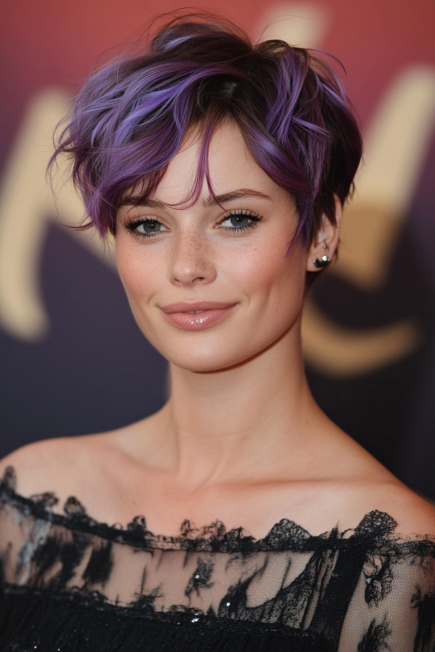 15. Messy Pixie with Lavender Highlights (Short Hairstyles For Round Faces) - Short Hairstyles For Round Faces