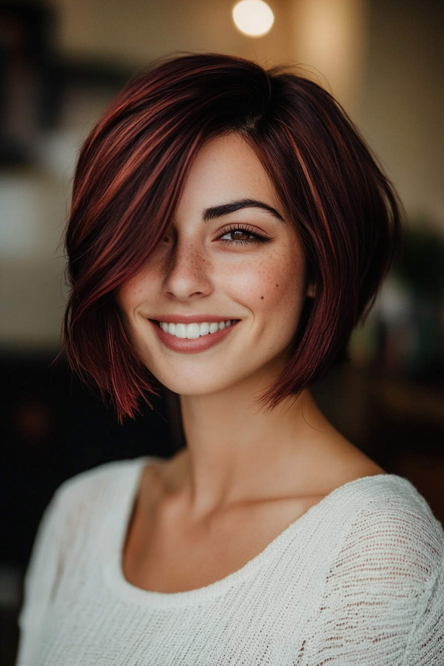 16. Inverted Bob with Burgundy Highlights (Short Hairstyles For Thin Hair) - Short Hairstyles For Thin Hair