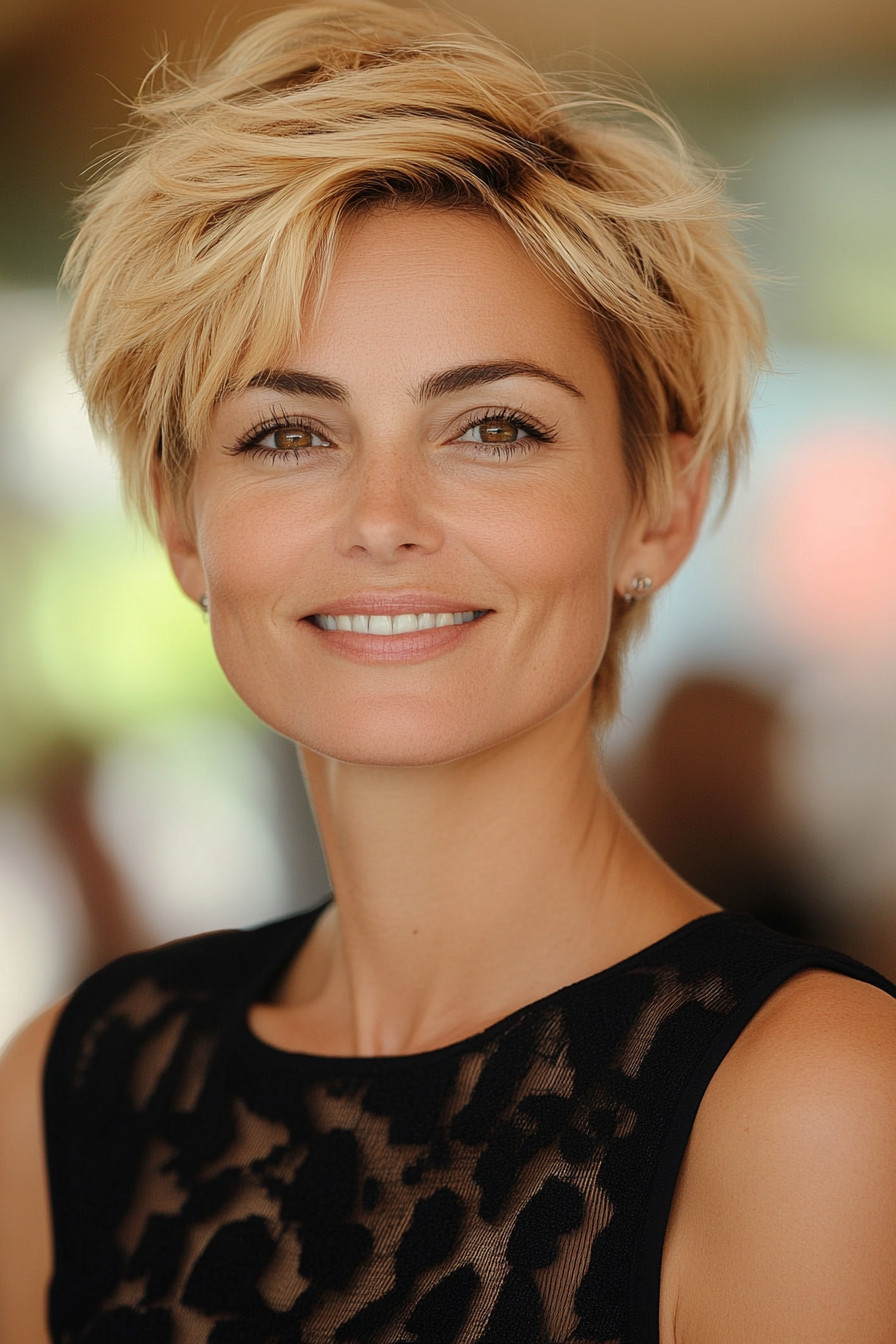 16. Messy Pixie with Sandy Blonde (Pixie Hairstyles For Women Over 40) - Pixie Hairstyles For Women Over 40