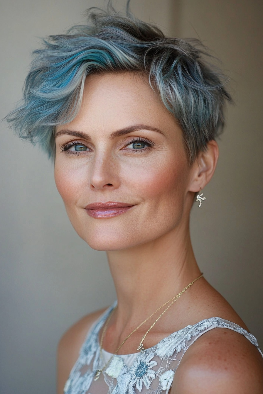 17. Angular Pixie with Icy Blue Highlights (Pixie Hairstyles For Women Over 40) - Pixie Hairstyles For Women Over 40