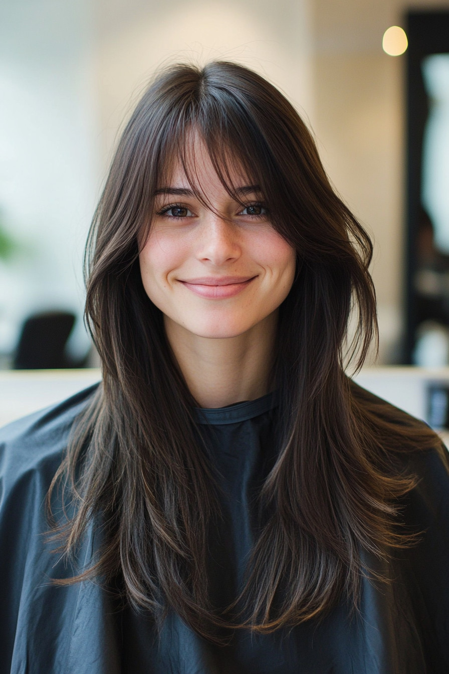 17. Bronzed Brunette with Face-Framing Layers (Long Layered Hair With Bangs) - Long Layered Hair With Bangs