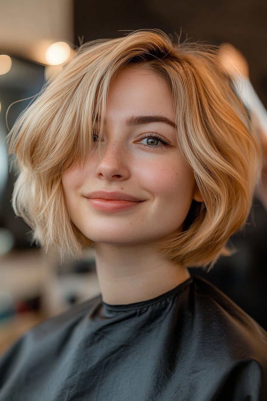 18. Bob with Curtain Bangs and Golden Blonde (Short Hairstyles For Round Faces) - Short Hairstyles For Round Faces