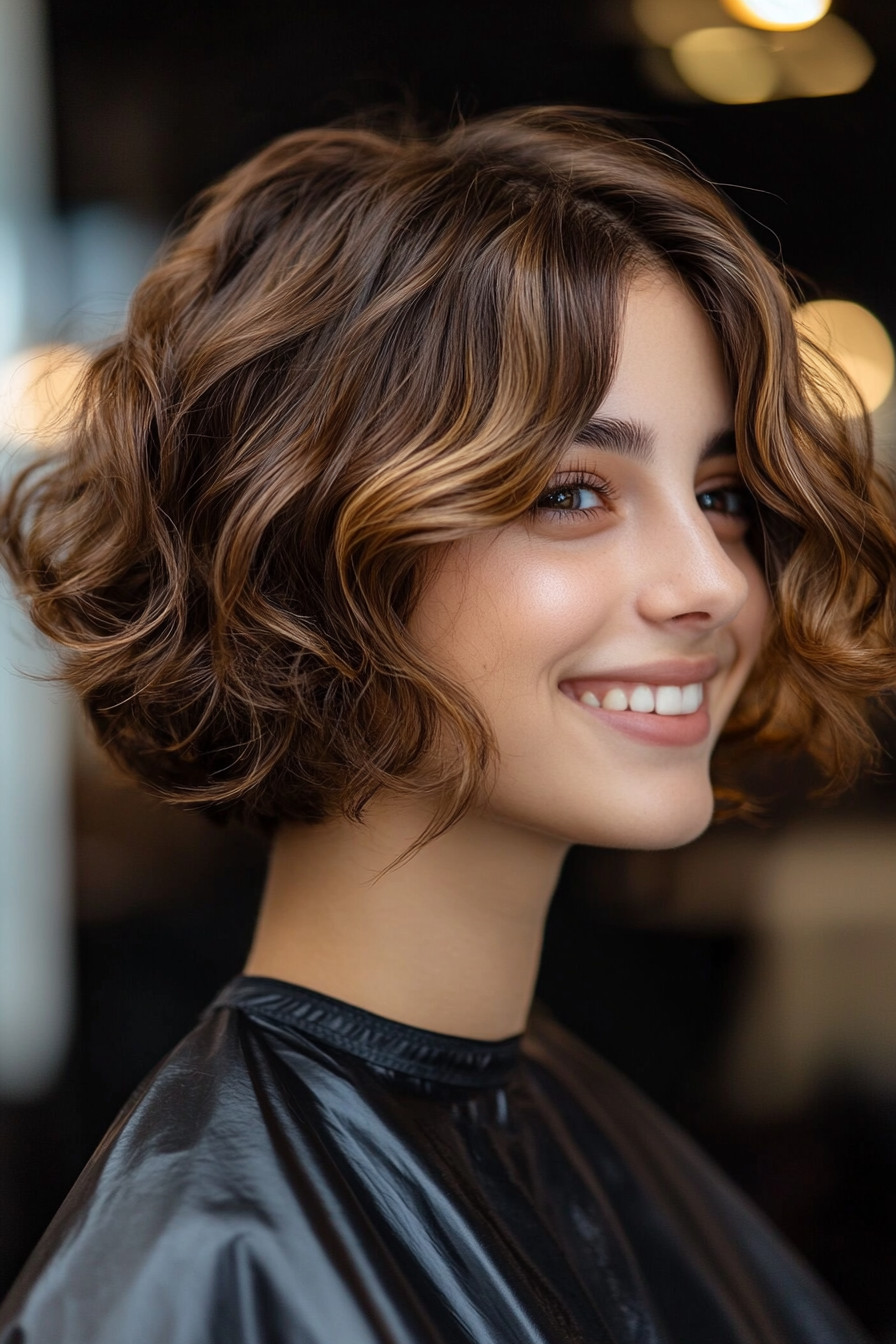 18. Medium Length Curly Bob with Sunkissed Highlights (Short Hairstyles For Thick Hair) - Short Hairstyles For Thick Hair