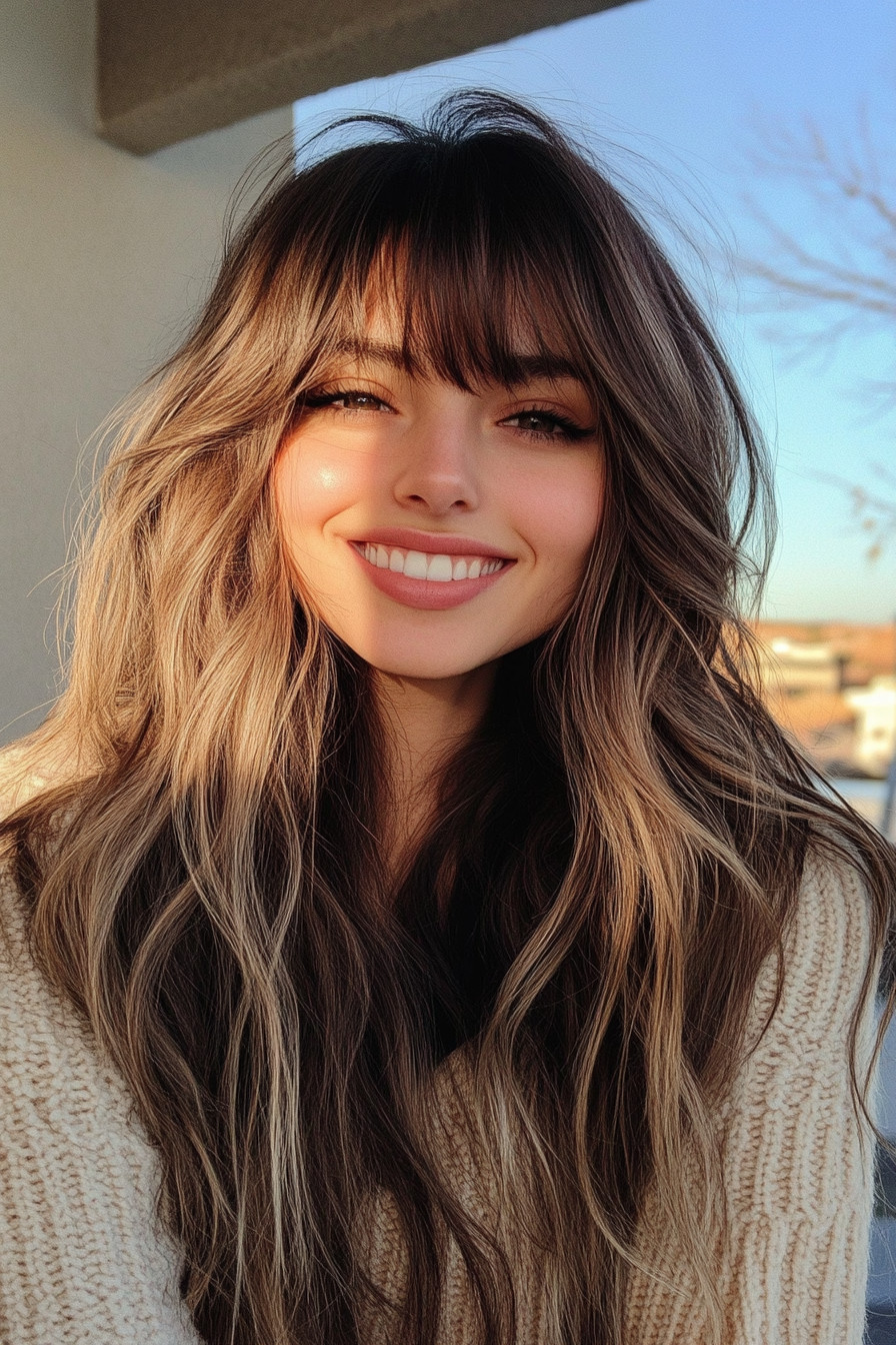 18. Sunset Ombre with Wispy Bangs (Long Layered Hair With Bangs) - Long Layered Hair With Bangs