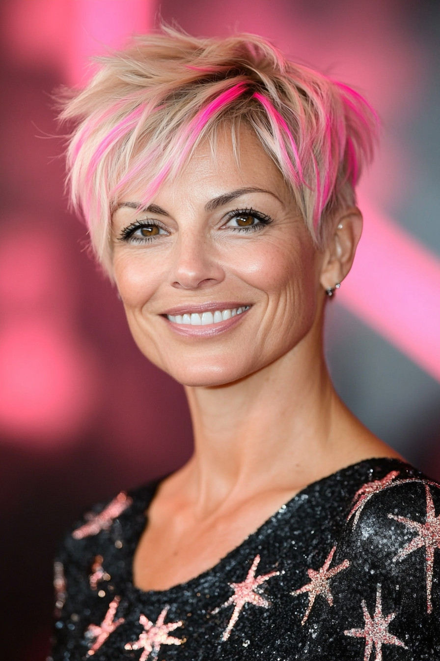 19. Edgy Pixie with Neon Pink Streaks (Pixie Hairstyles For Women Over 40) - Pixie Hairstyles For Women Over 40