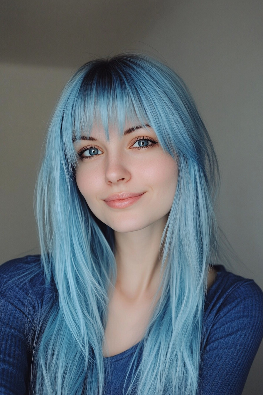 19. Icy Blue with Choppy Layers (Long Layered Hair With Bangs) - Long Layered Hair With Bangs