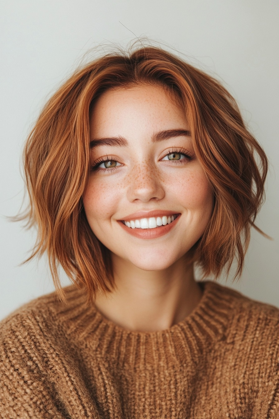 2. Asymmetrical Bob with Rich Auburn (Short Hairstyles For Round Faces) - Short Hairstyles For Round Faces