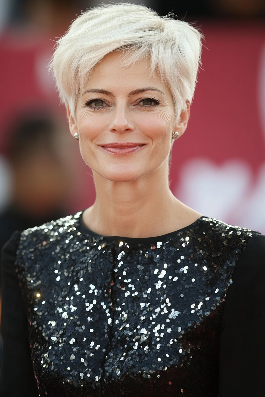 2. Asymmetrical Pixie with Platinum Blonde (Pixie Hairstyles For Women Over 40) - Pixie Hairstyles For Women Over 40