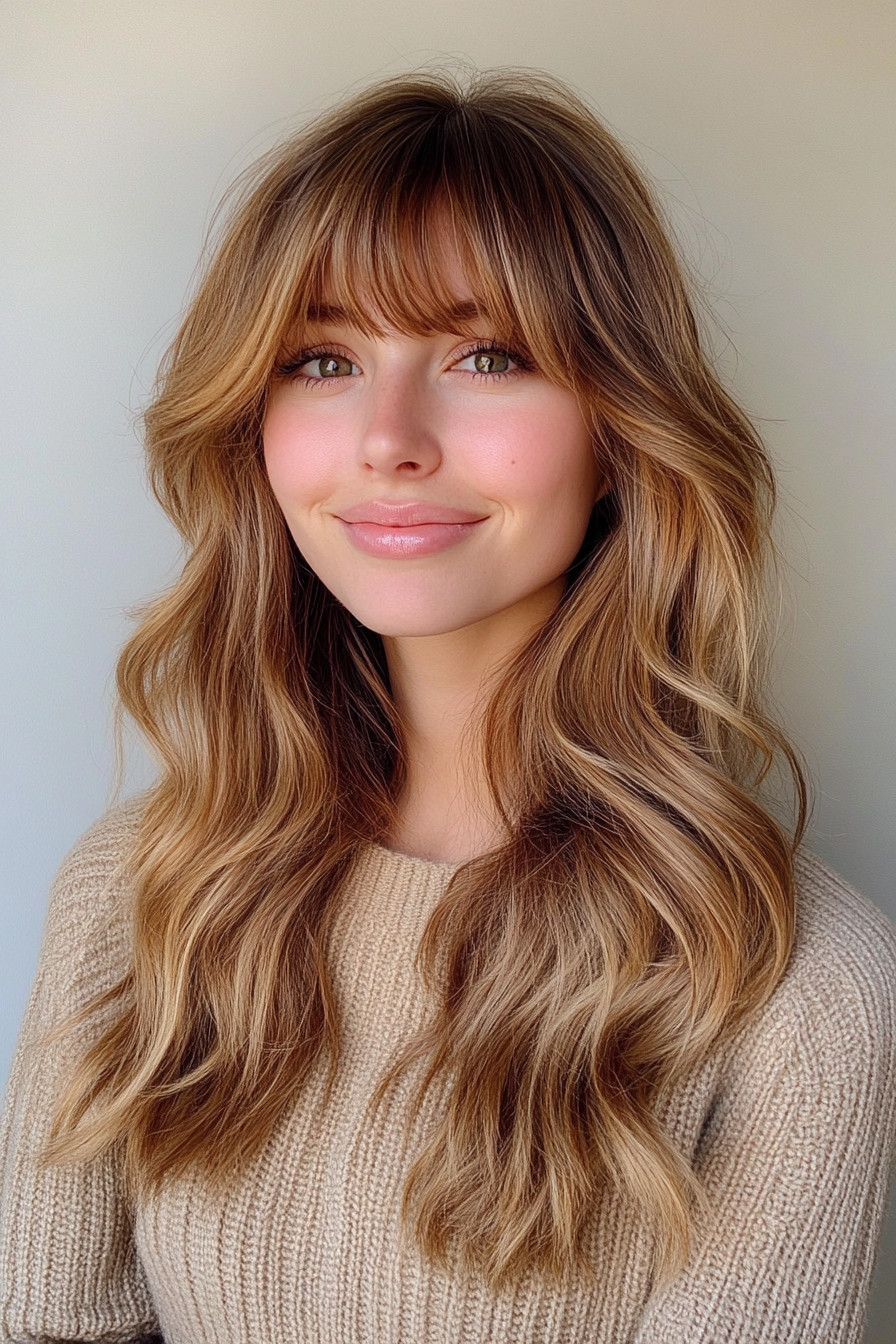 20. Golden Honey with Subtle Waves (Long Layered Hair With Bangs) - Long Layered Hair With Bangs