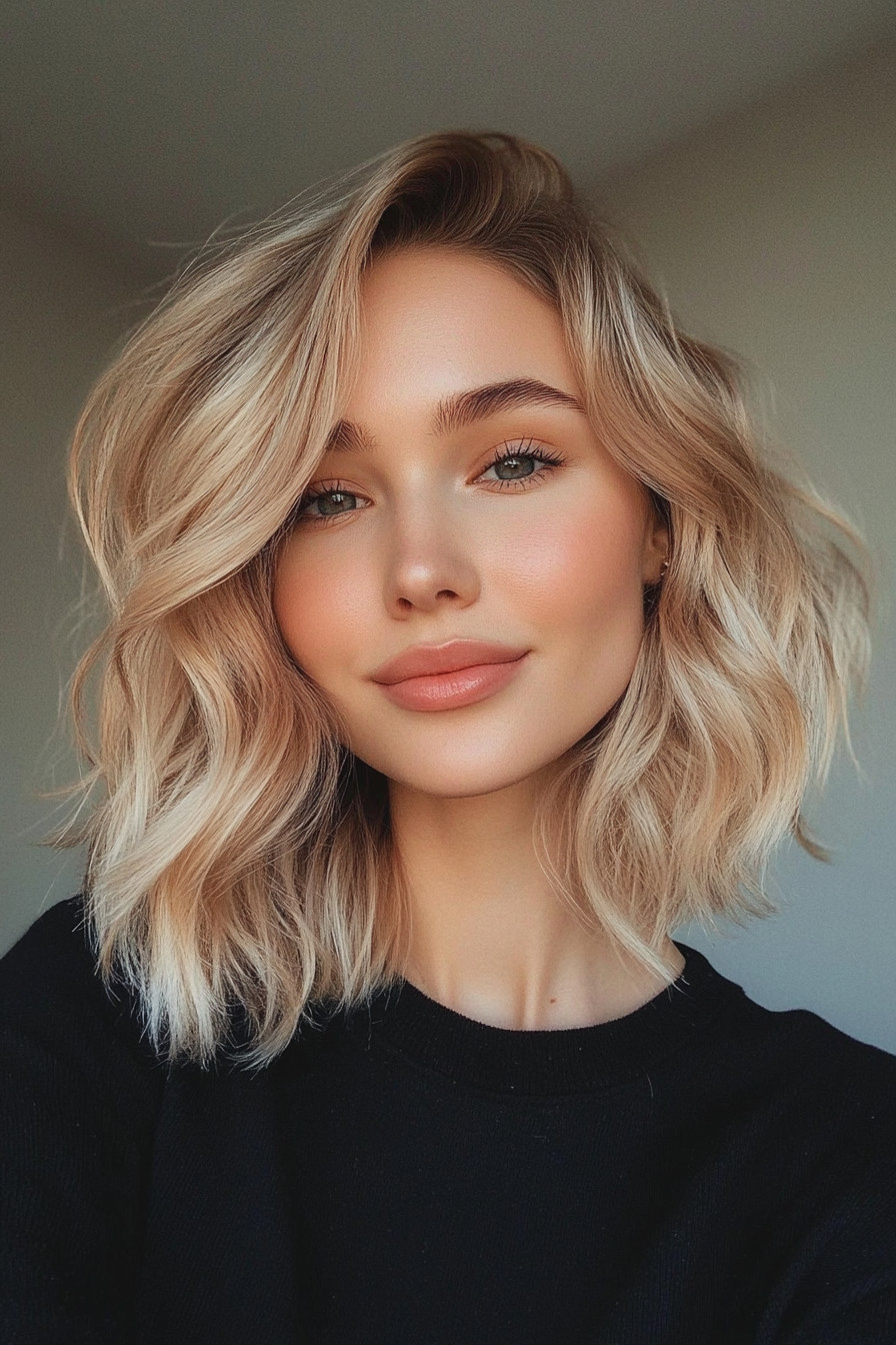 20. Wavy Lob with Pearl Blonde (Short Hairstyles For Thick Hair) - Short Hairstyles For Thick Hair