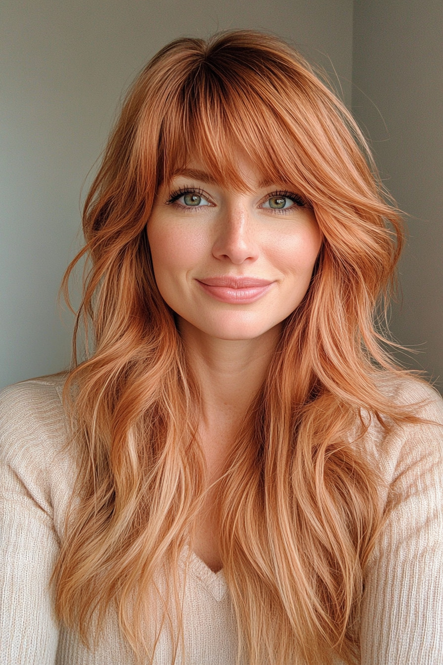 22. Rose Gold with Soft Curls (Long Layered Hair With Bangs) - Long Layered Hair With Bangs