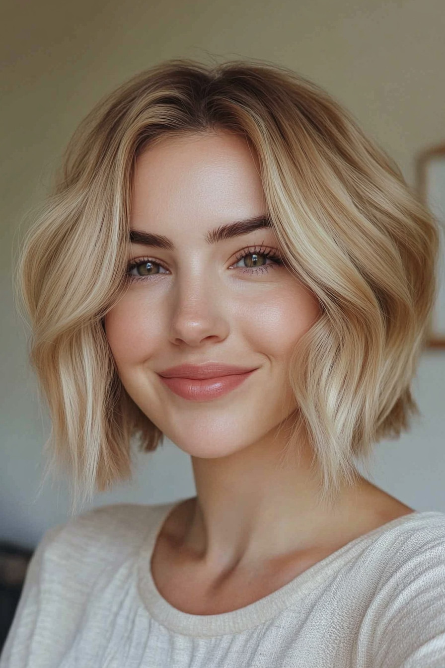 22. Sleek Lob with Champagne Blonde (Short Hairstyles For Round Faces) - Short Hairstyles For Round Faces