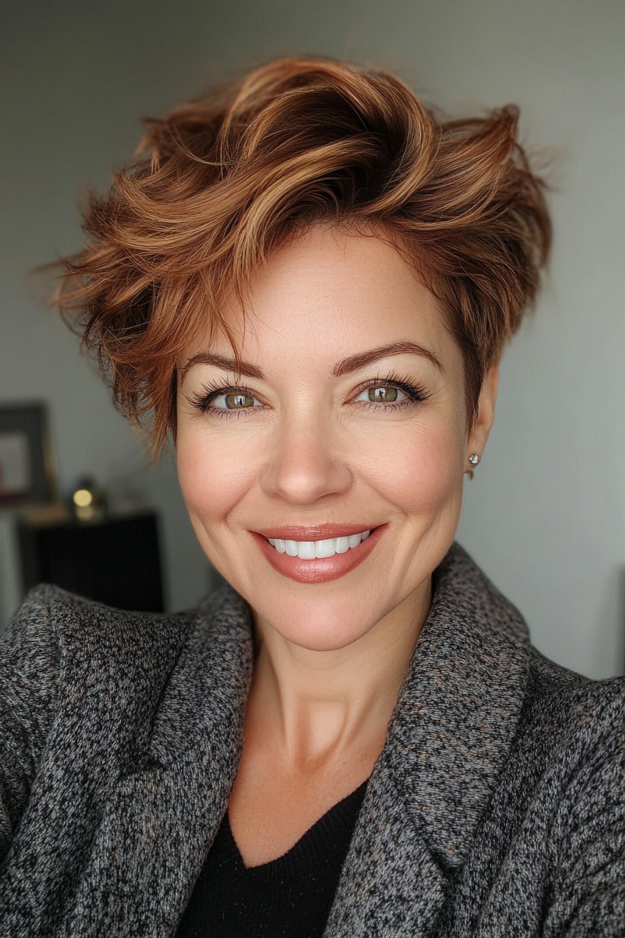 23. Pixie with Volume and Chestnut Highlights (Pixie Hairstyles For Women Over 40) - Pixie Hairstyles For Women Over 40