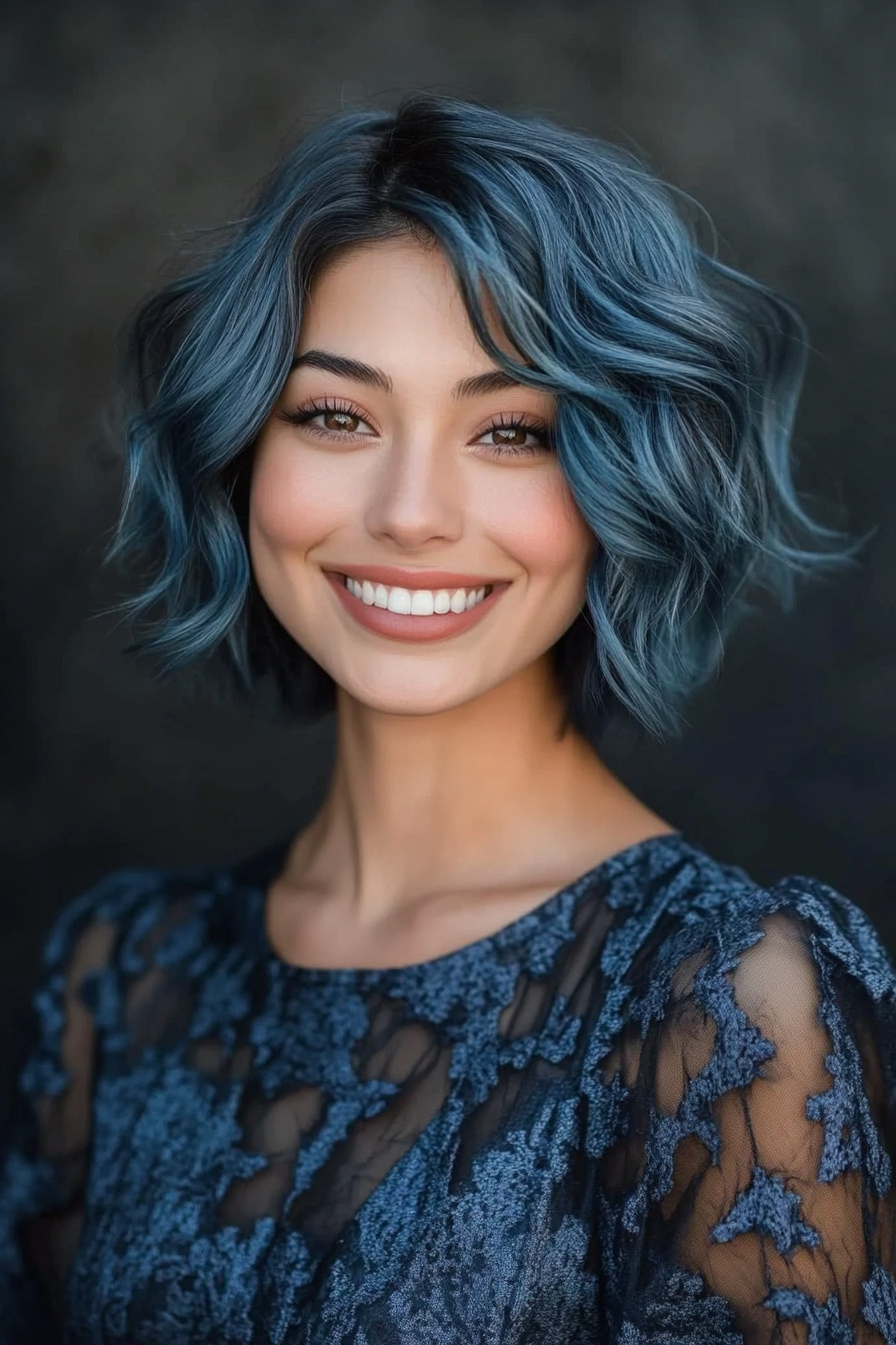 23. Wavy Bob with Smoky Blue (Short Hairstyles For Round Faces) - Short Hairstyles For Round Faces