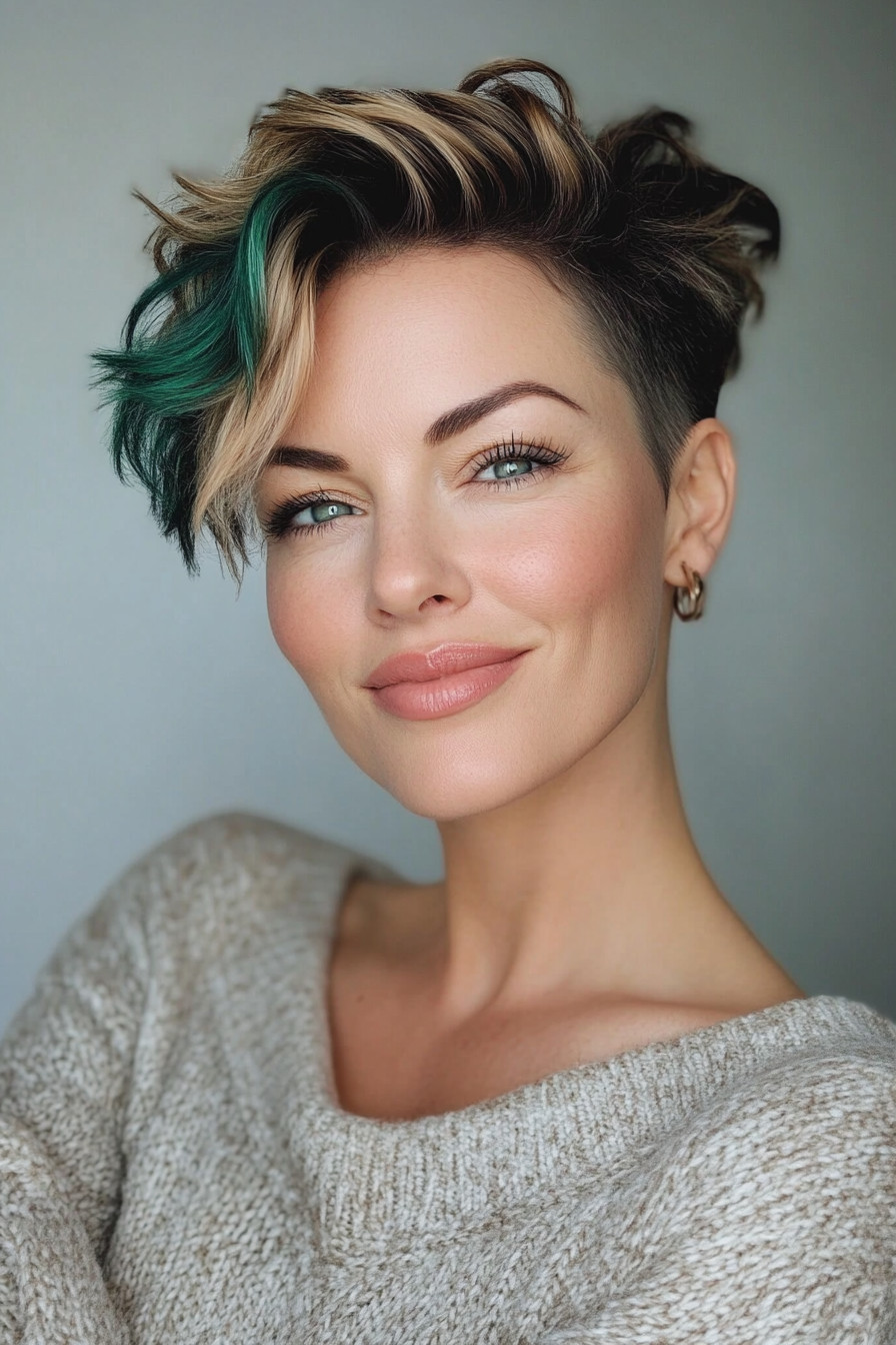 24. Undercut Pixie with Emerald Green Tips (Pixie Hairstyles For Women Over 40) - Pixie Hairstyles For Women Over 40