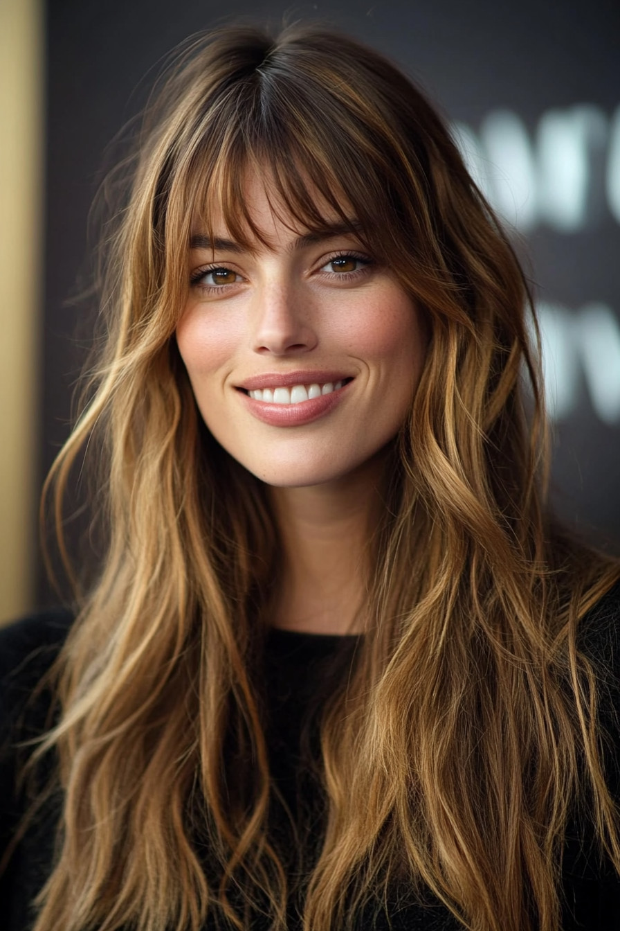 25. Peach Balayage with Face-Framing Bangs (Long Layered Hair With Bangs) - Long Layered Hair With Bangs