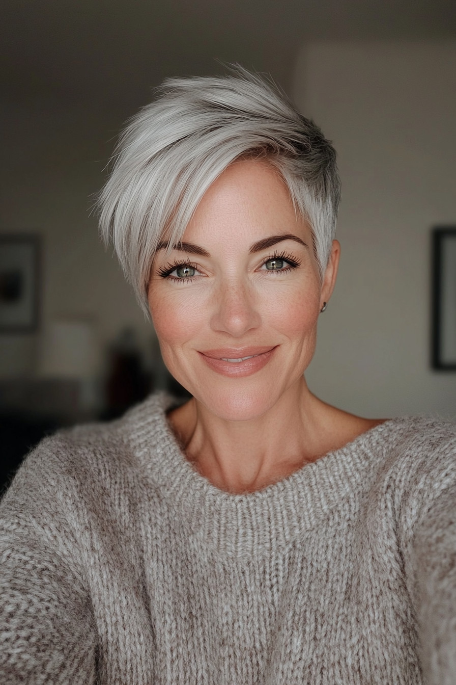 25. Short Pixie with Platinum Silver (Pixie Hairstyles For Women Over 40) - Pixie Hairstyles For Women Over 40