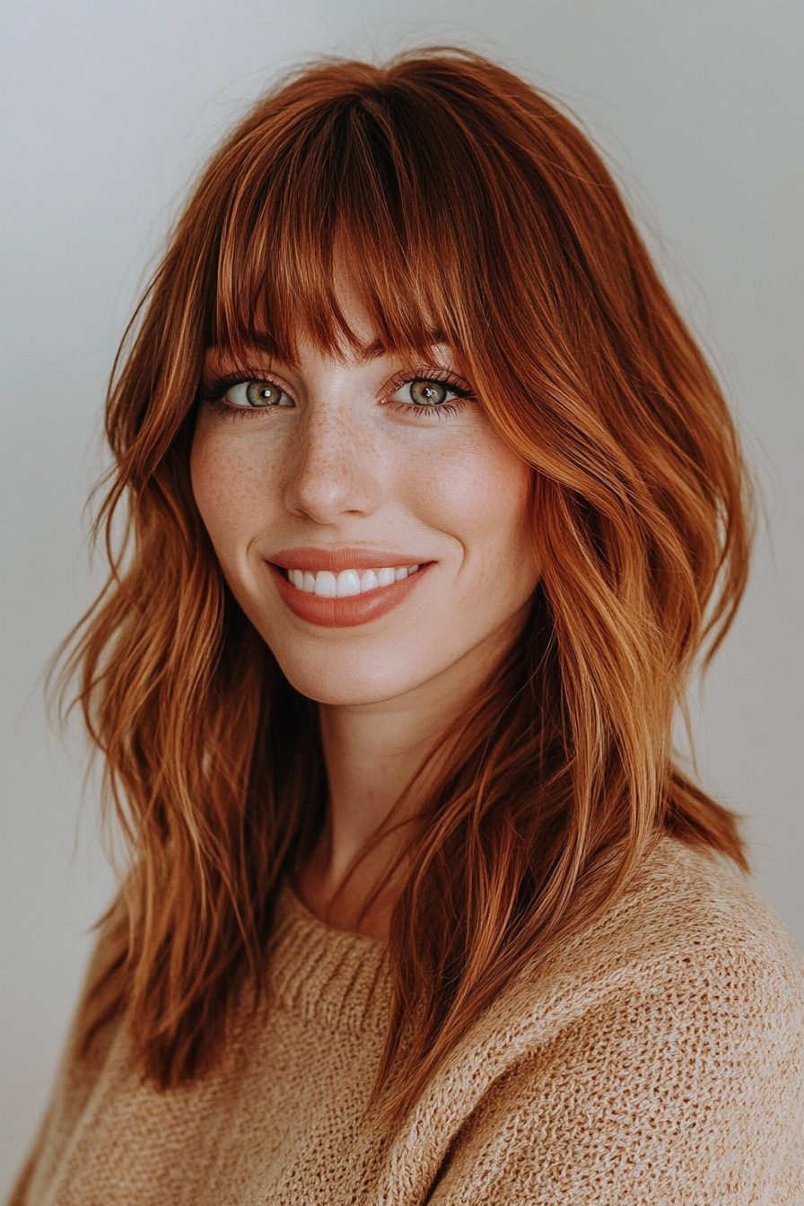 27. Copper Highlights with Layered Lob (Long Layered Hair With Bangs) - Long Layered Hair With Bangs