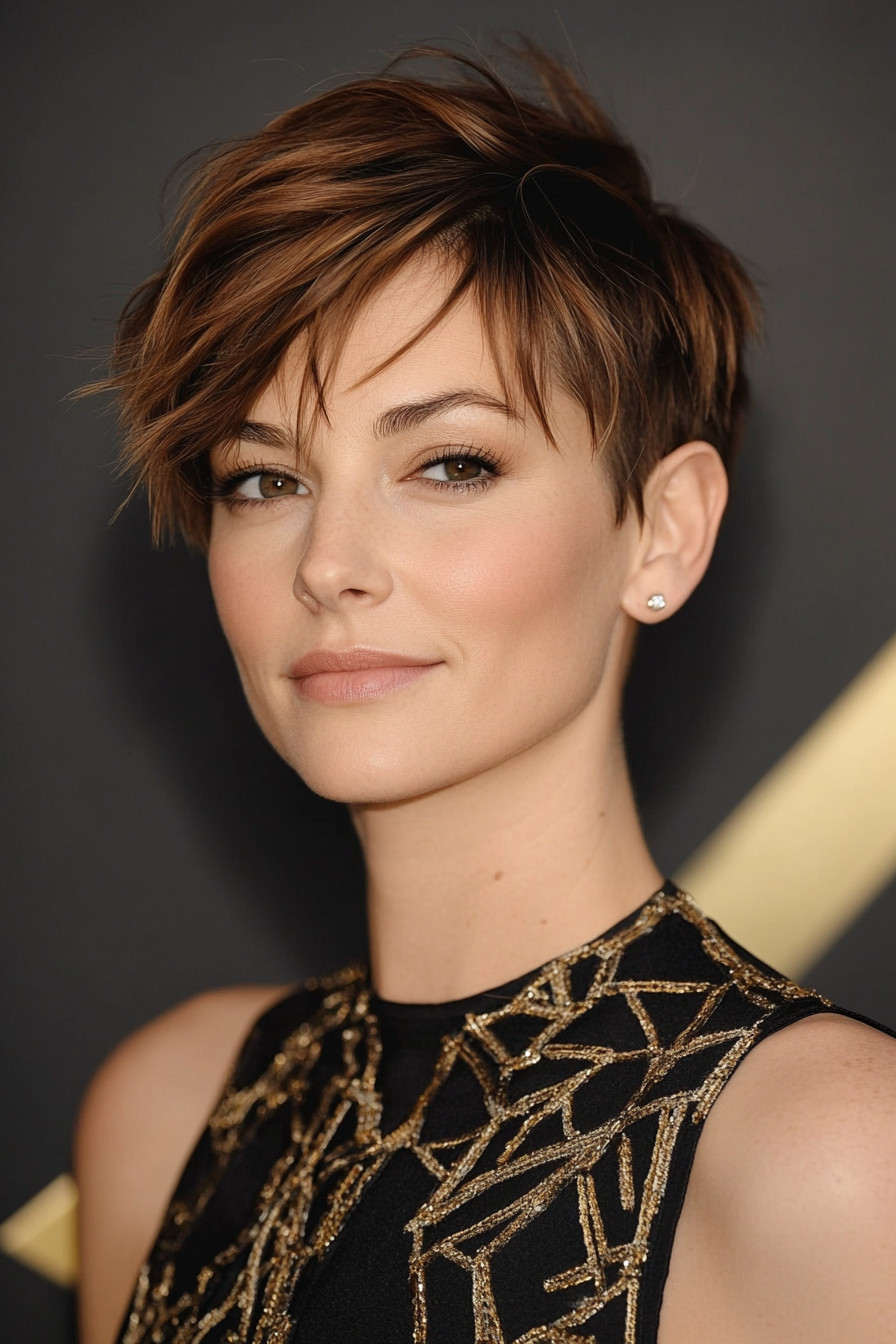 27. Pixie with Fringe and Auburn Highlights (Pixie Hairstyles For Women Over 40) - Pixie Hairstyles For Women Over 40