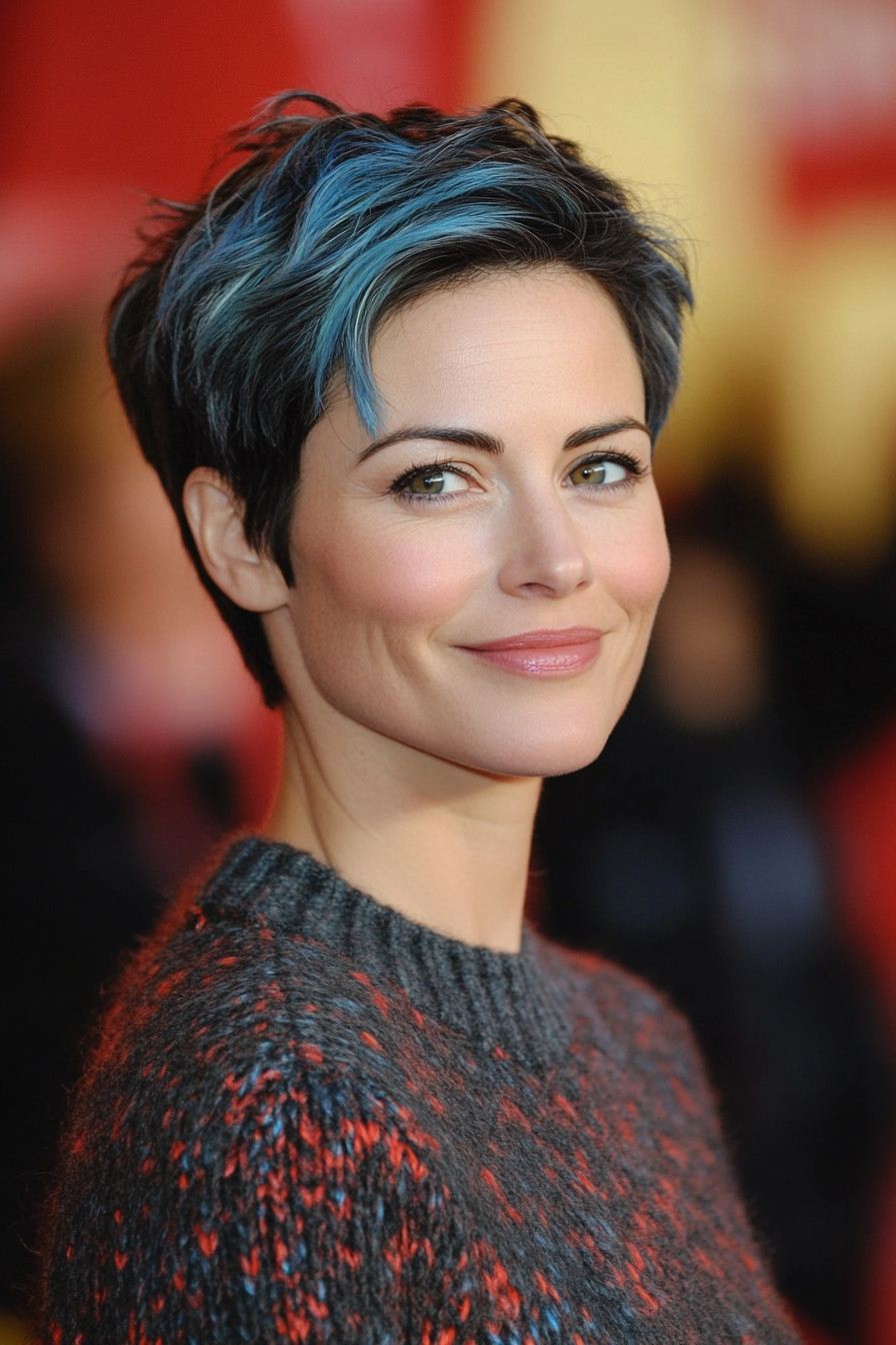 28. Disconnected Pixie with Bold Blue Tips (Pixie Hairstyles For Women Over 40) - Pixie Hairstyles For Women Over 40