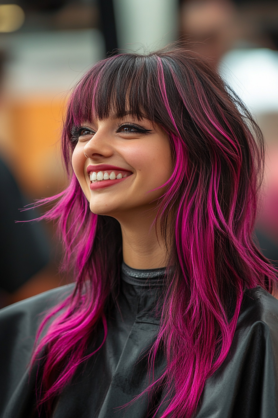 28. Magenta Dreams with Tapered Bangs (Long Layered Hair With Bangs) - Long Layered Hair With Bangs