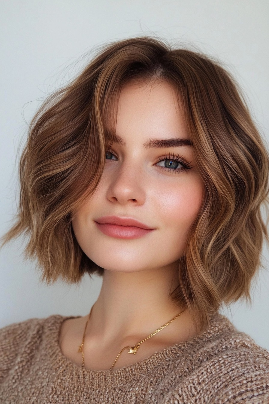 3. Layered Lob with Balayage (Short Hairstyles For Round Faces) - Short Hairstyles For Round Faces