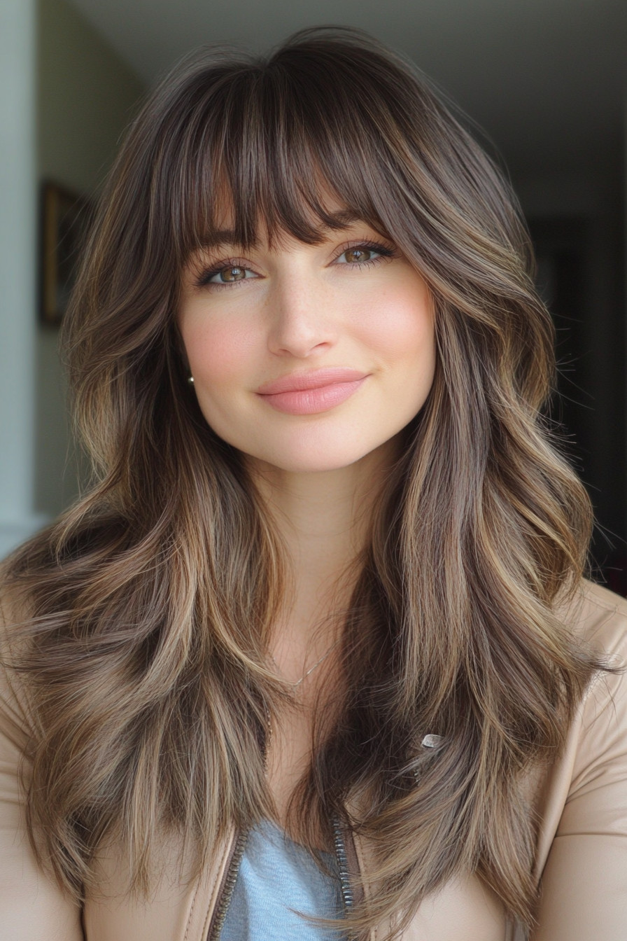 3. Mocha Swirl with Curtain Bangs (Long Layered Hair With Bangs) - Long Layered Hair With Bangs