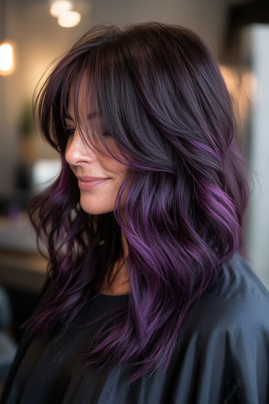 30. Amethyst Glimmer with Long, Flowing Layers (Long Layered Hair With Bangs) - Long Layered Hair With Bangs