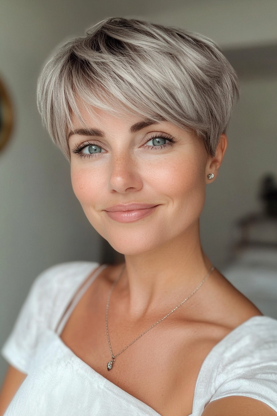 4. Choppy Pixie with Silver Highlights (Pixie Hairstyles For Women Over 40) - Pixie Hairstyles For Women Over 40