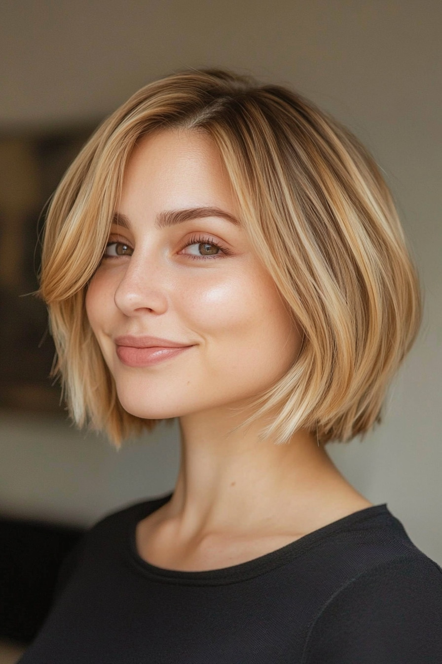 4. Classic Bob with Honey Blonde Highlights (Short Hairstyles For Round Faces) - Short Hairstyles For Round Faces