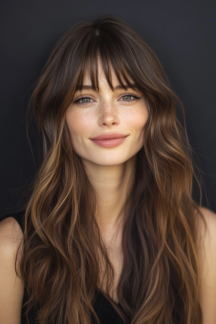 5. Shadow Root Waves with Textured Fringe (Long Layered Hair With Bangs) - Long Layered Hair With Bangs