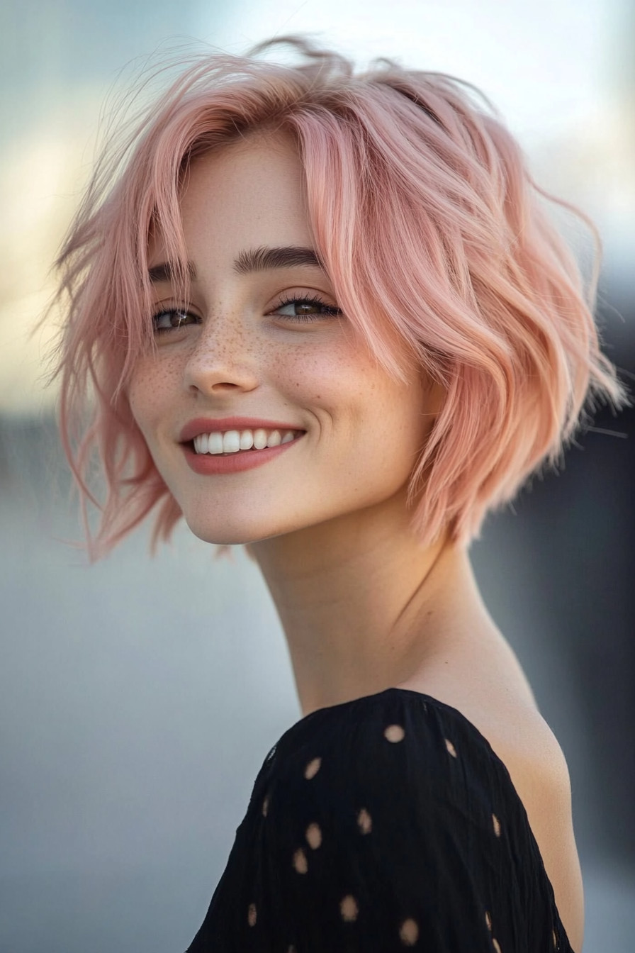 5. Shaggy Bob with Pastel Pink (Short Hairstyles For Round Faces) - Short Hairstyles For Round Faces