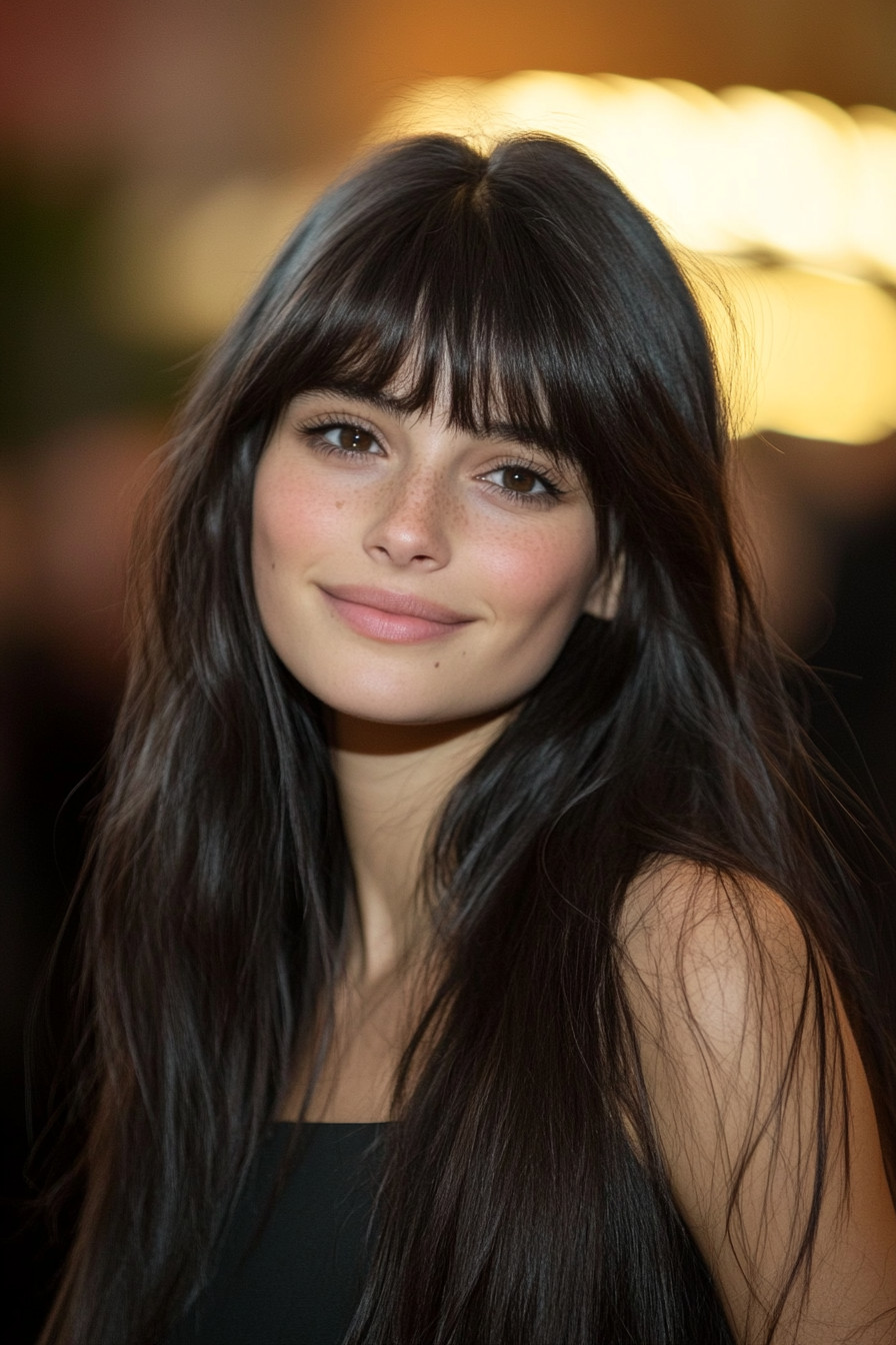 6. Midnight Layers with Blunt Bangs (Long Layered Hair With Bangs) - Long Layered Hair With Bangs