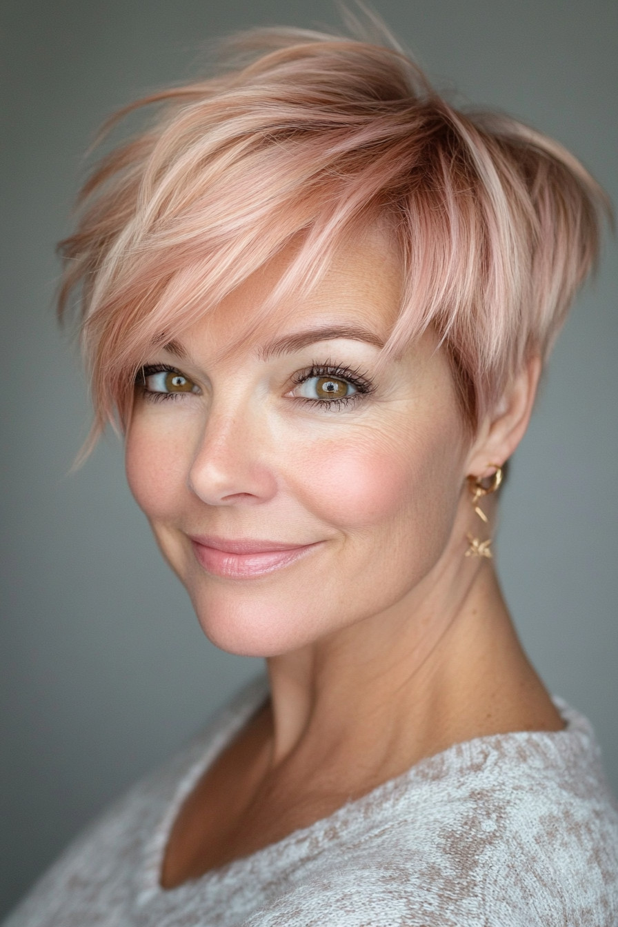 7. Layered Pixie with Rose Gold Tint (Pixie Hairstyles For Women Over 40) - Pixie Hairstyles For Women Over 40