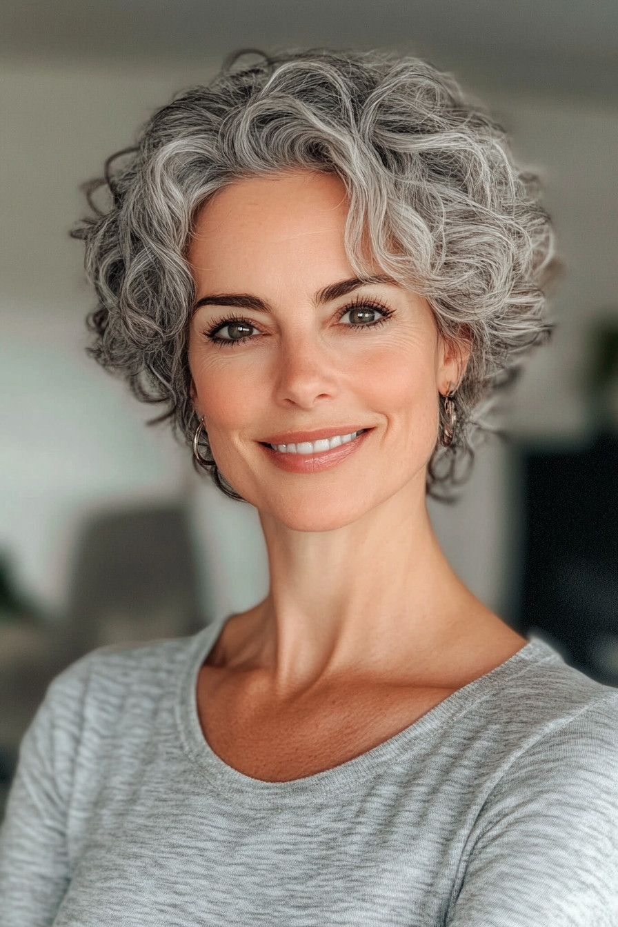 8. Curly Pixie with Natural Grey (Pixie Hairstyles For Women Over 40) - Pixie Hairstyles For Women Over 40